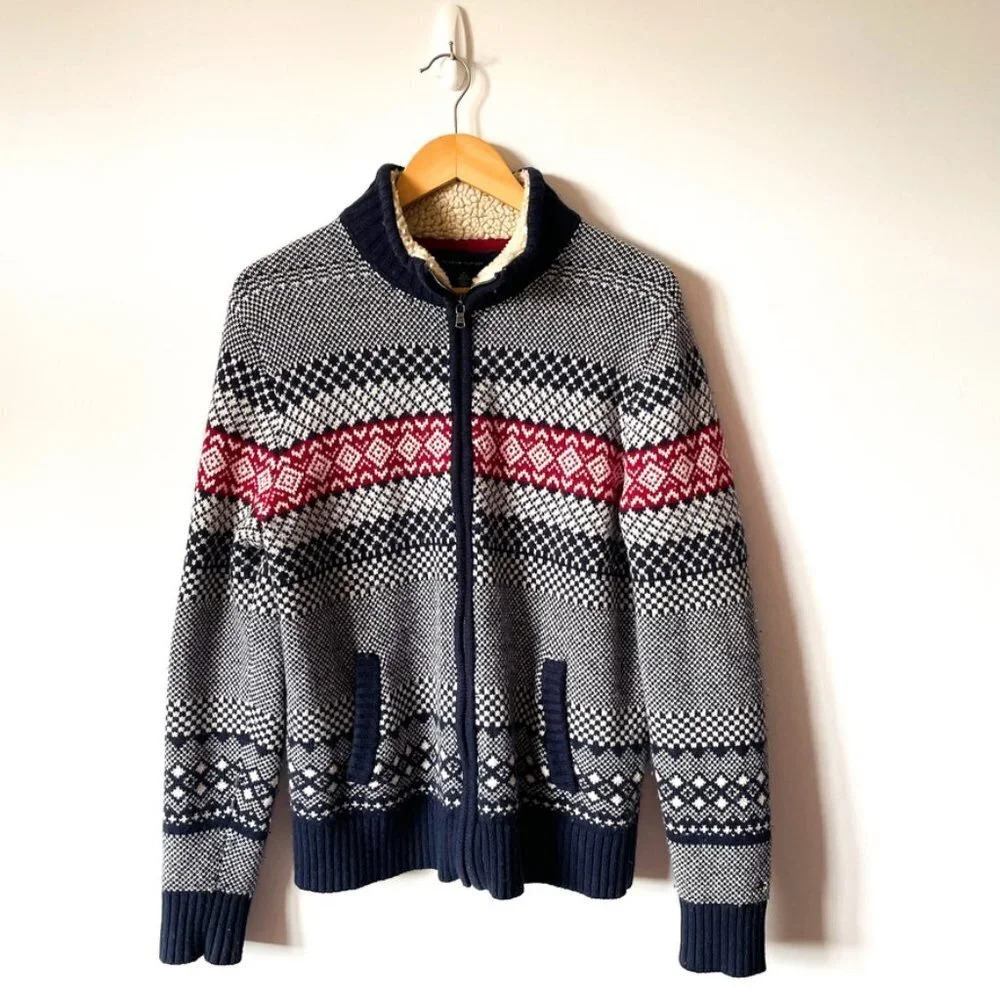 Tommy Hilfiger Sweater Wool Blend Blue Fair Isle Wool Full Zip Apres Ski Medium